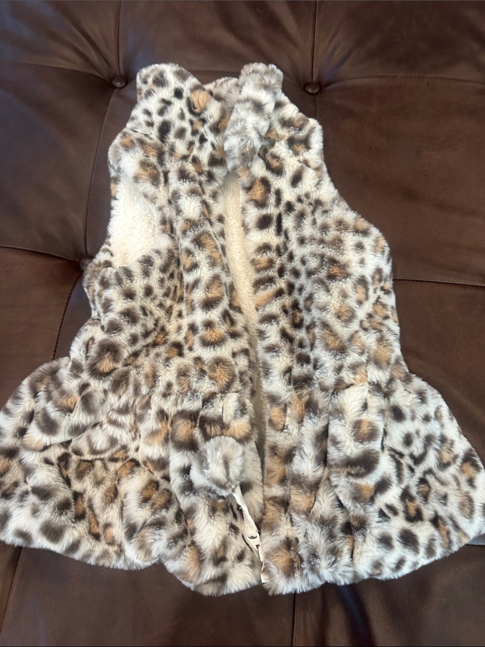 Mud Pie Cream and Brown Faux Fur Vest with Leopard Accents